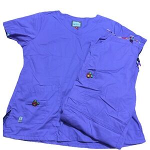 MARY ENGELBREIT Purple Scrub Set EMBROIDERED Classic Floral Women's M